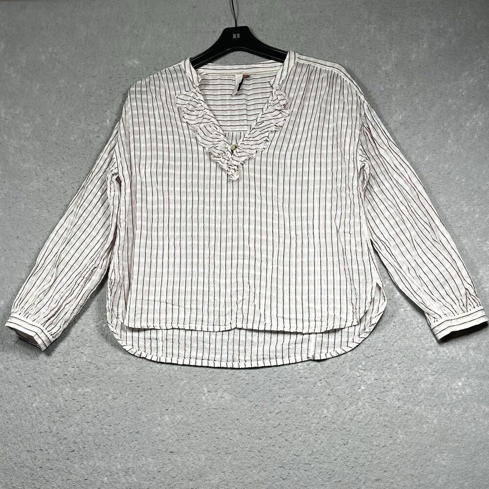 Anthropologie Pilcro Blouse XSP Brianna White Pink Stripe Long Sleeve Ruffle